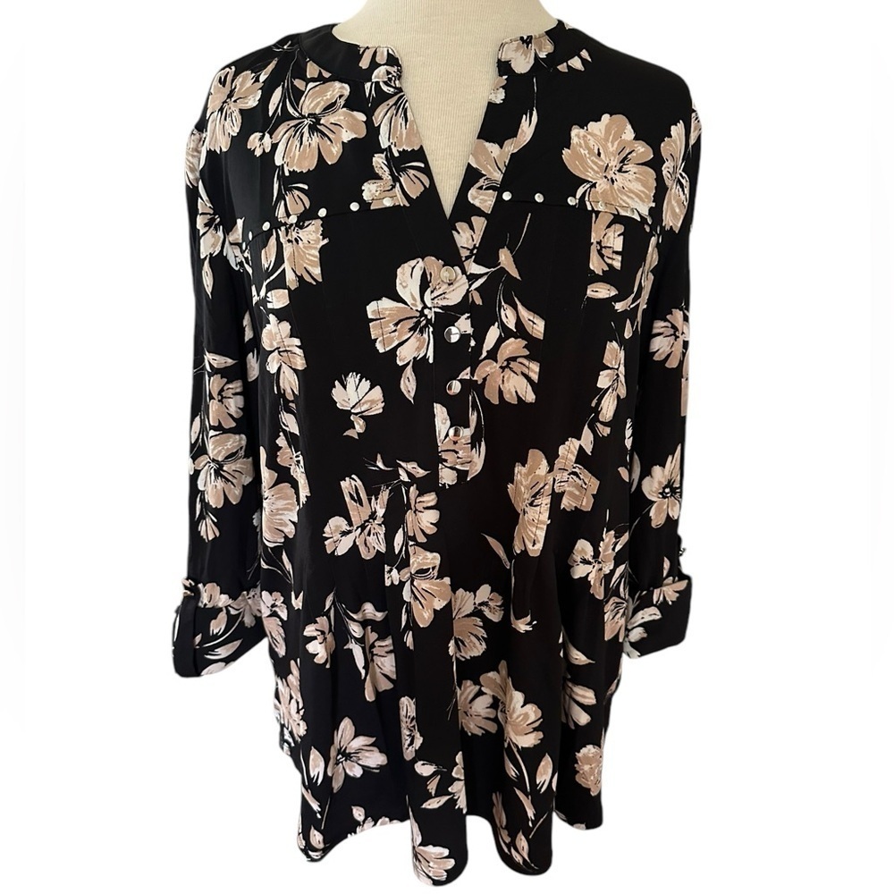 COCOMO XL Black Beige Floral 3/4 Sleeve women's Pintuck Blouse Tunic …